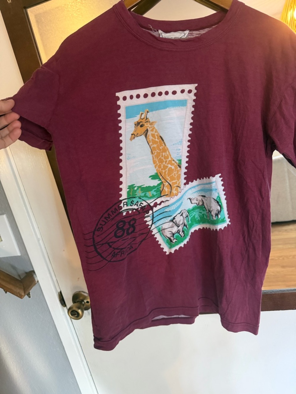 Adrienne Vittadini Burgundy Giraffe Stamp Graphic Tee